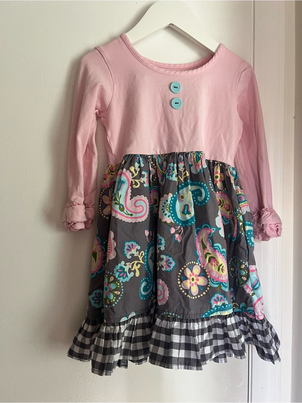 Eleanor Rose Pink Top with Gray Paisley Skirt and Gingham Ruffle